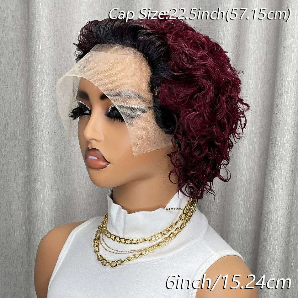 Ombre Burgundy Lace Front Wig - 13x4 Short Curly Pixie Cut Glueless Pre Plucked Human Hair Wig for Black Women