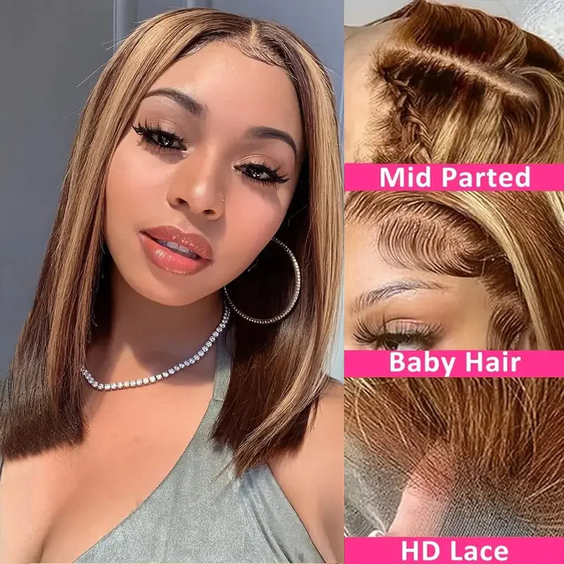 100% Human Hair Bob Wigs 4/27 - 13x4 Lace Frontal Wig Ready Wear, 220 Density for Black Women Gold Color
