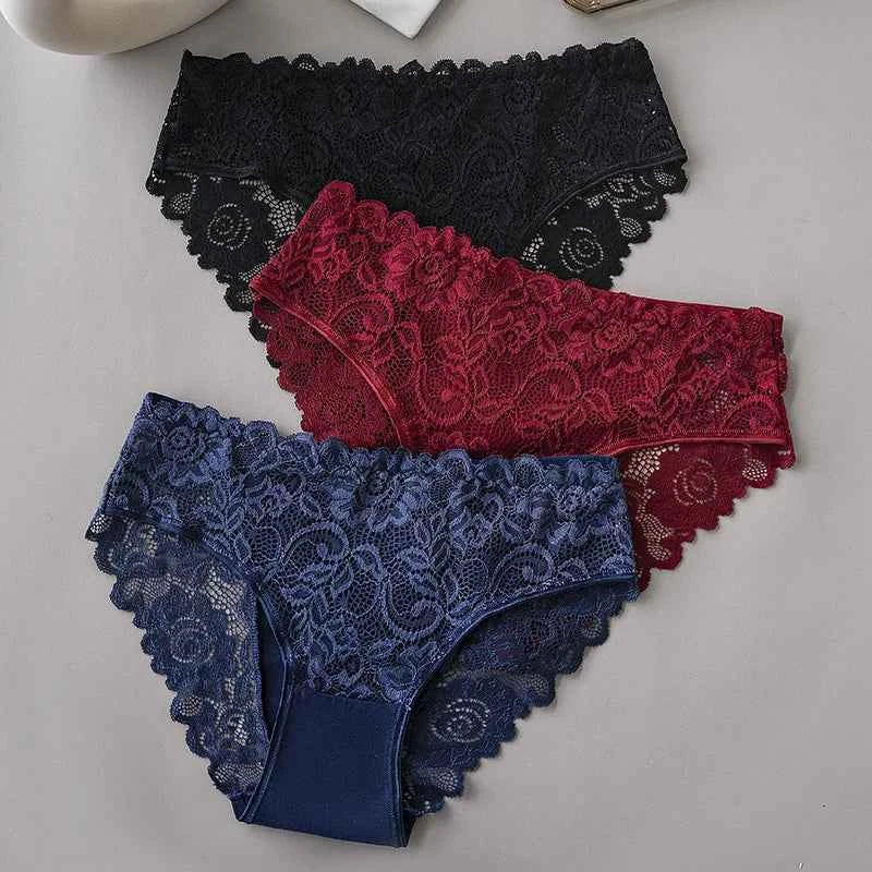3PCS Set Luxury Floral Lace Panties Women Briefs Sexy Hollow Lingerie Breathable Underwear