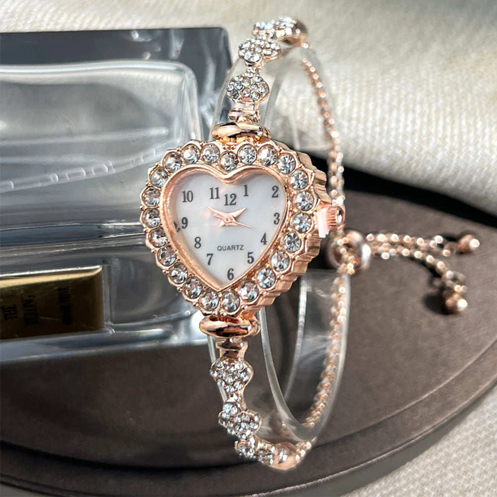 Heart Ribbon Strap Flower Watch – Adjustable and Diamond-Studded Elegance
