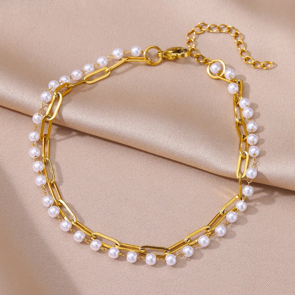 Gold Anklet for Women - Summer Beach Accessories Stainless Steel Imitation Pearl Chain Leg Bracelets Bodychain Gifts