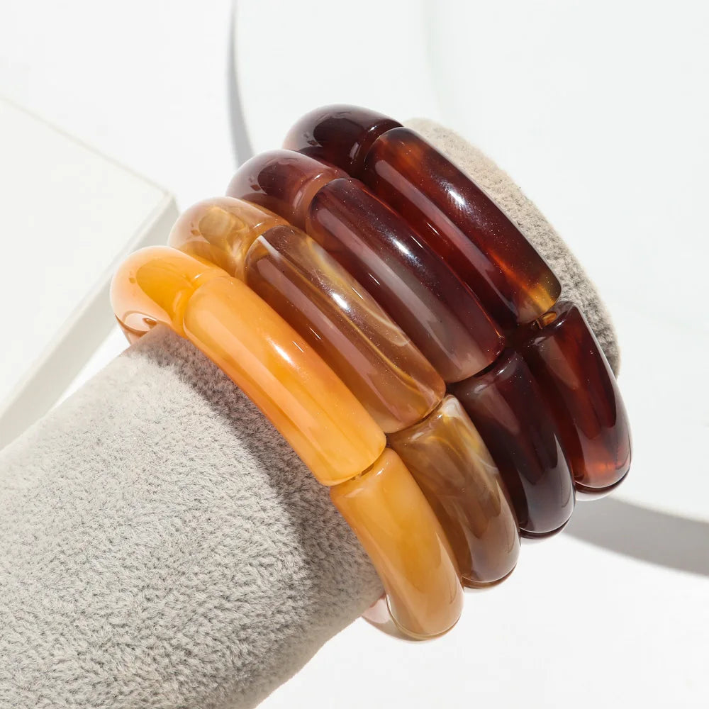 Fashion Acrylic Bracelet Set - 4PCS/Set Resin Amber Bamboo Bead Elastic Bangles Tube Beads Handmade 2024 Trendy Designer Bracelet Set