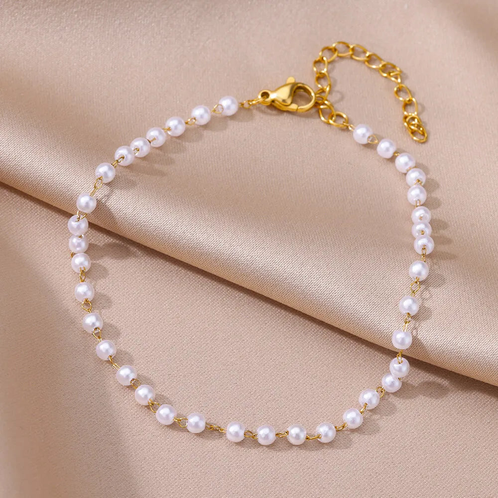 Gold Anklet for Women - Summer Beach Accessories Stainless Steel Imitation Pearl Chain Leg Bracelets Bodychain Gifts