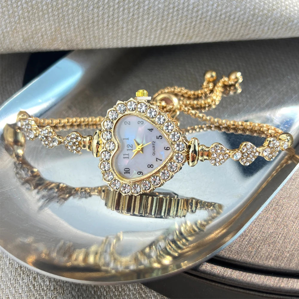 Heart Ribbon Strap Flower Watch – Adjustable and Diamond-Studded Elegance