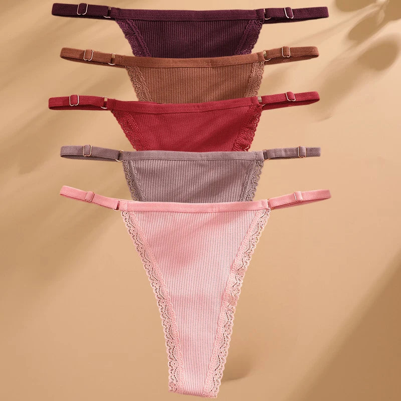5PCS Cotton G-String Panties Set - Sexy Women's T-Back Underwear, Adjustable Waist Thong Lingerie - Allurra Store