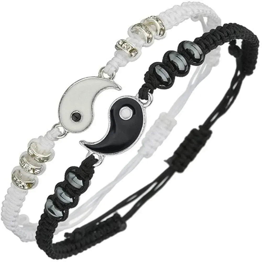 2 PC Couple Tai Chi Bracelet Set Black White Adjustable Rope Chain Daily Wear Jewelry