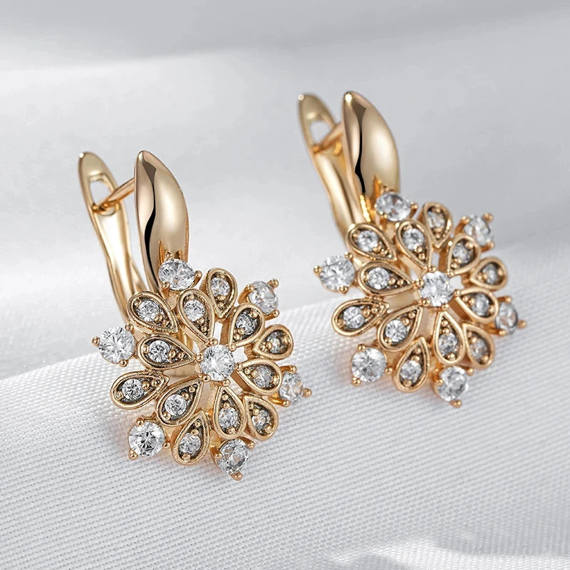 Wbmqda Luxury Crystal Flower Drop Earrings for Women in 585 Rose Gold with White Natural Zircon - Vintage Wedding Jewelry Gifts