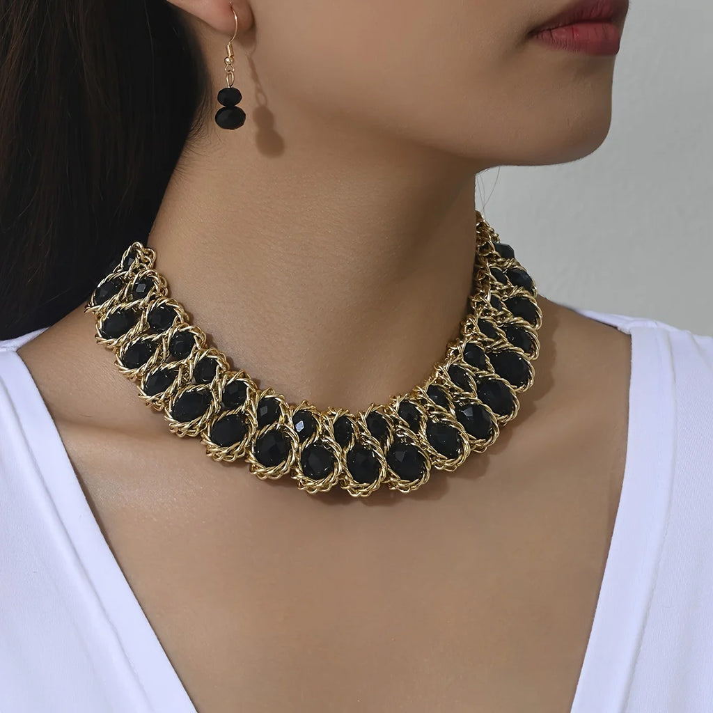 Boho Jewelry Set with Rhinestones: 1 Pair of Earrings + 1 Collar for Daily Party Accessories