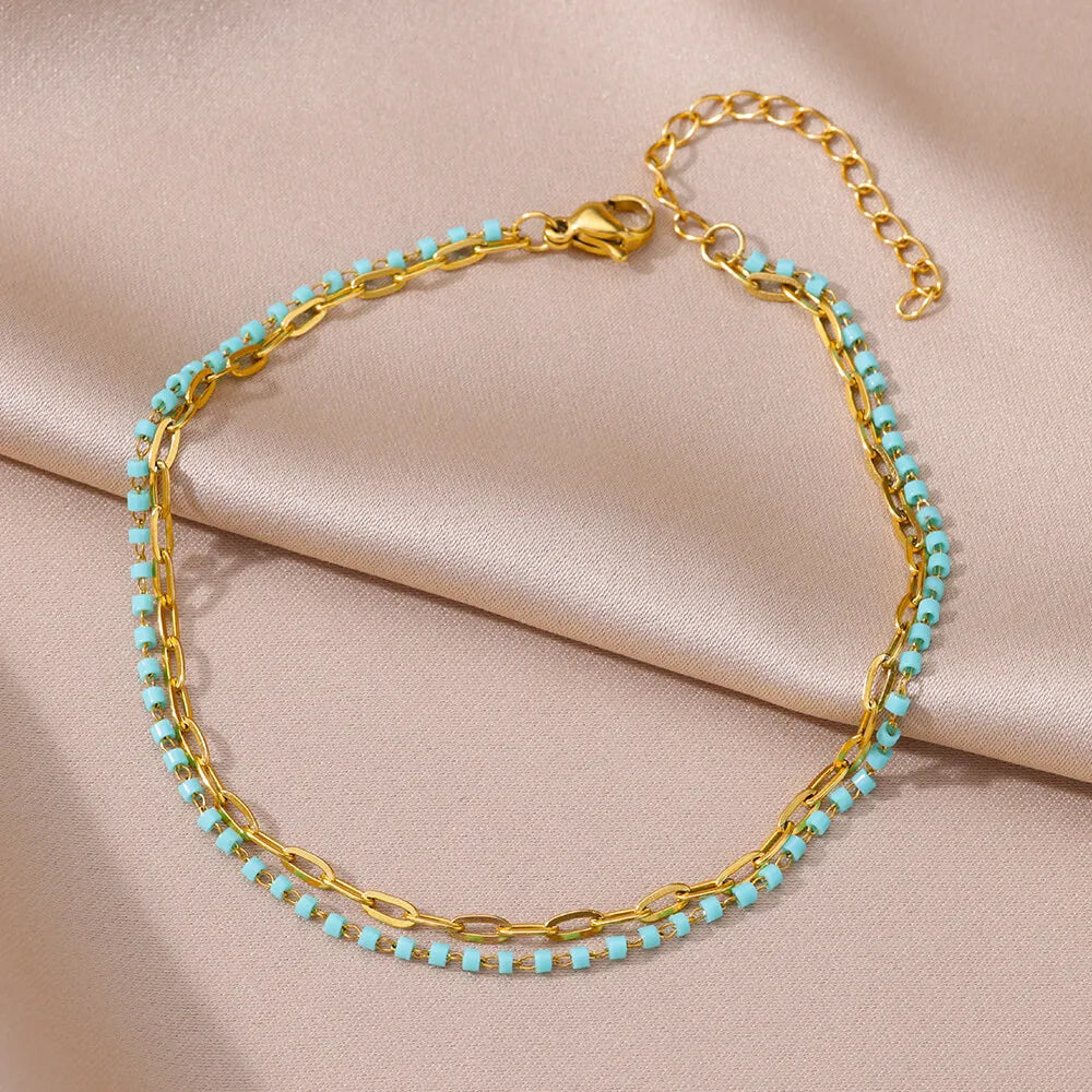 Gold Anklet for Women - Summer Beach Accessories Stainless Steel Imitation Pearl Chain Leg Bracelets Bodychain Gifts