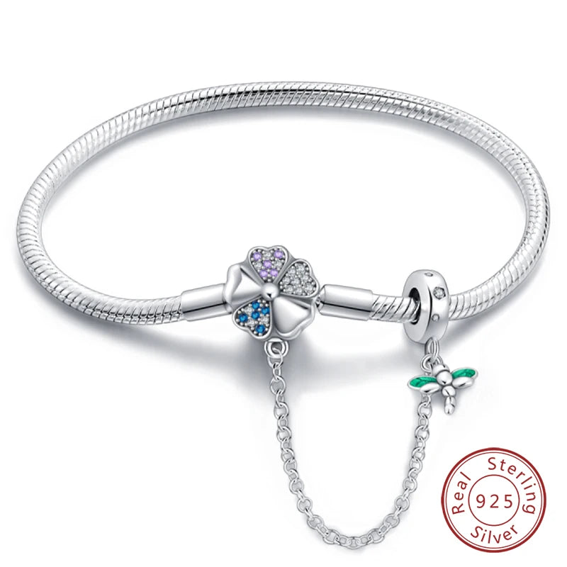 Silver 925 Moon Star Bracelet with Green Zircon - Adjustable 17-20CM Four Leaf Clover Charm Jewelry Gift - Allurra Store