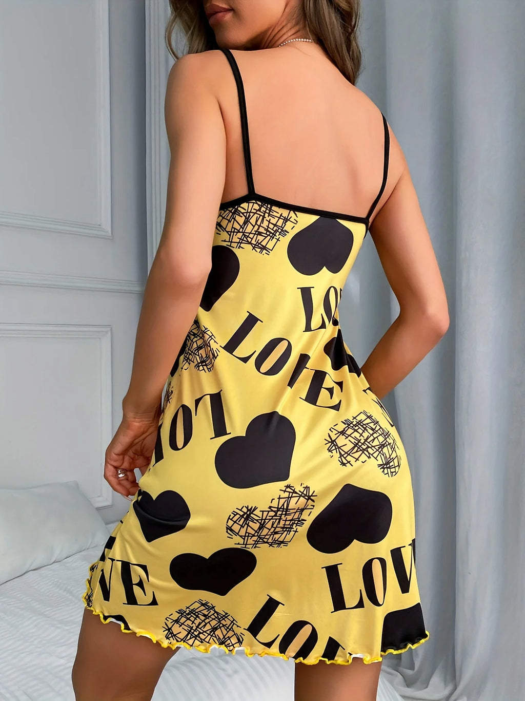 Love Heart Print Satin Nightgown for Women - Sexy Spaghetti Strap Sleepwear Dress and Soft Summer Loungewear Pajama Dress - Allurra Store