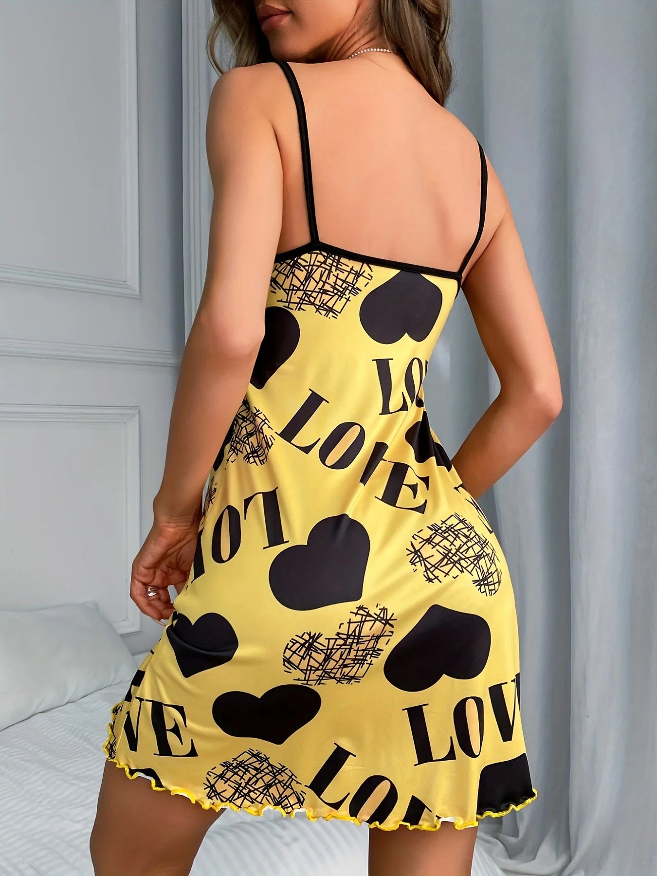 Love Heart Print Satin Nightgown for Women - Sexy Spaghetti Strap Sleepwear Dress and Soft Summer Loungewear Pajama Dress - Allurra Store