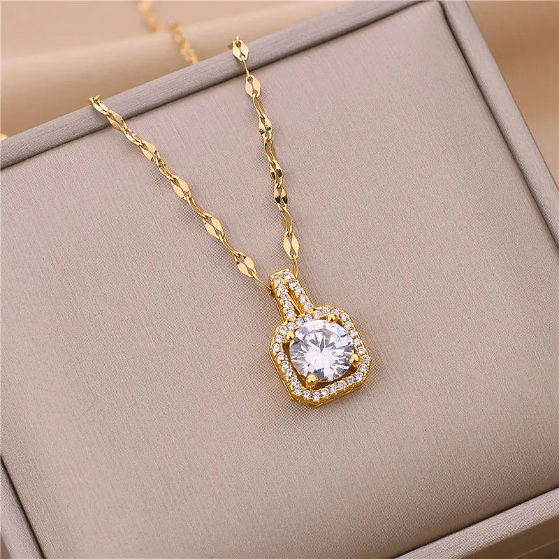 New Light Luxury Zircon Crystal Stainless Steel Necklace for Women - Korean Fashion Sweet Sexy Clavicle Chain Jewelry
