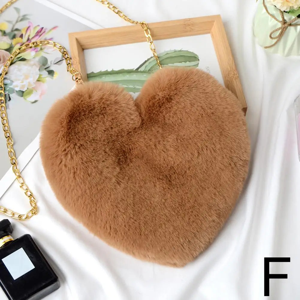 Fashion Women's Heart Shaped Handbags Cute Faux Fur Chain Shoulder Totes Crossbody Plush Bag