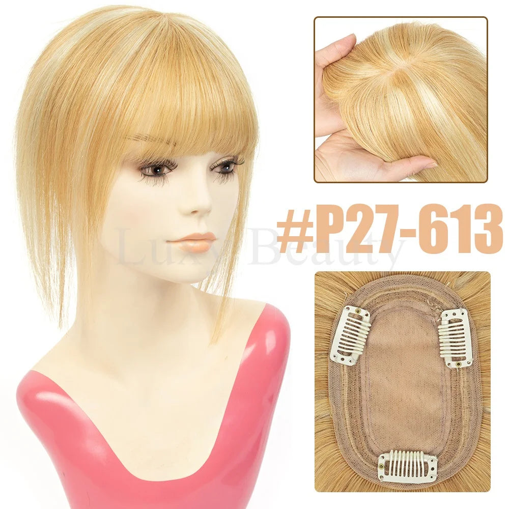 Brown Human Hair Topper with Bangs for Women - 8cmX12cm with Black Highlights for Blonde Skin, Clip-in Hair Piece