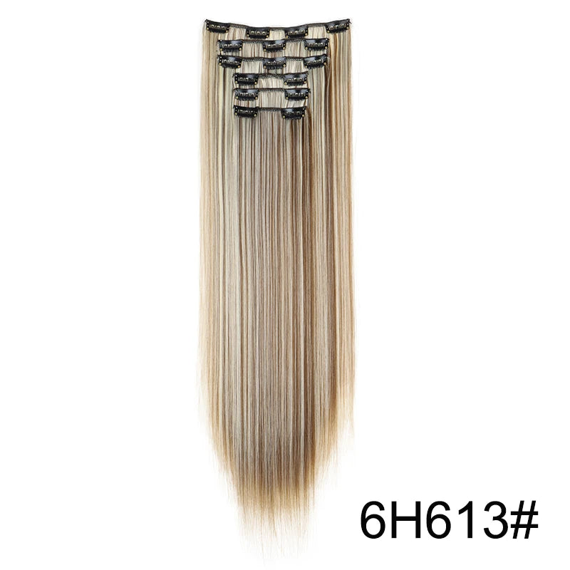 Synthetic Hair Extensions 24 Inch - 16 Clips Long Straight Hairstyle Blonde Black Heat Resistant Hairpieces for Daily Use