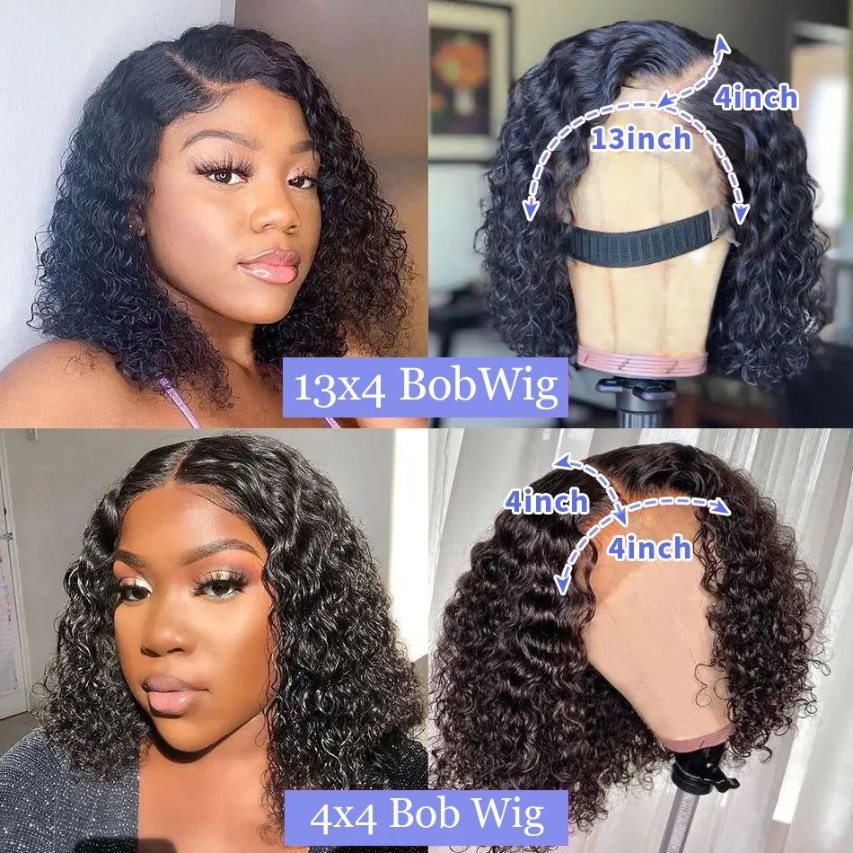 100% Human Hair Kinky Curly Bob Wig - 13x4 Transparent Lace Front, 12-14 Inches, 220% Density, Pre-Plucked Deep Wave