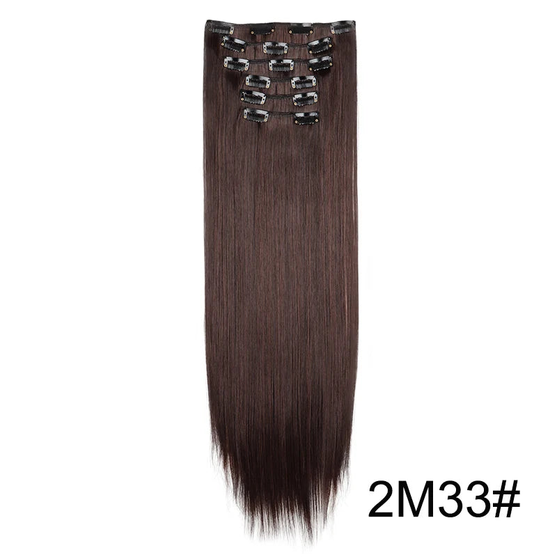 Synthetic Hair Extensions 24 Inch - 16 Clips Long Straight Hairstyle Blonde Black Heat Resistant Hairpieces for Daily Use