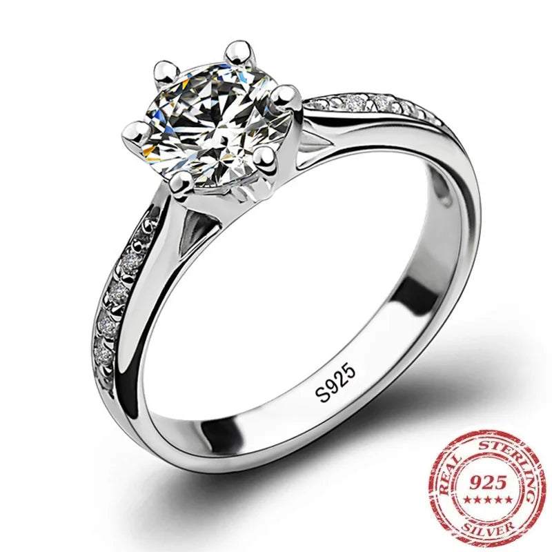 925 Sterling Silver Diamond Ring - Six-Claw Women's Jewelry