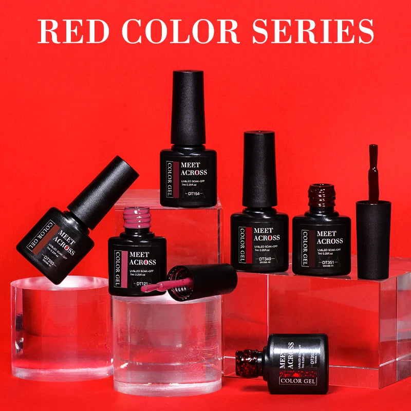 MEET ACROSS 7ml Red Gel Nail Polish - Crystal Semi Permanent Soak Off UV Gel Varnish for Stunning Nail Art Manicure with Matte Top Coat