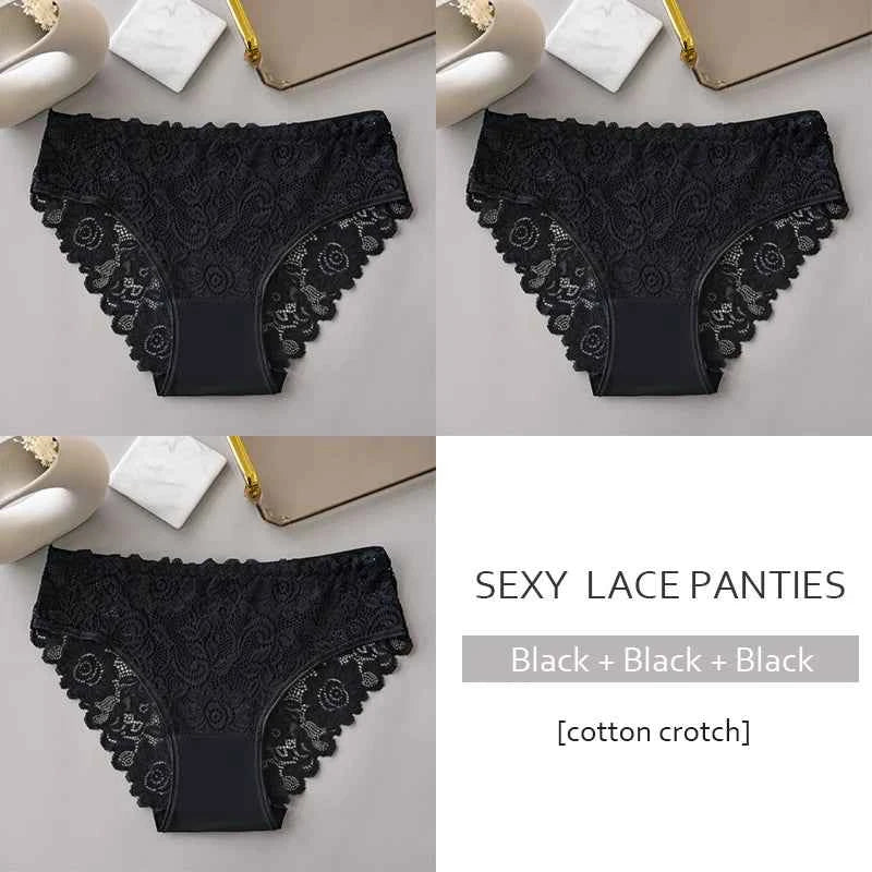 3PCS Set Luxury Floral Lace Panties Women Briefs Sexy Hollow Lingerie Breathable Underwear