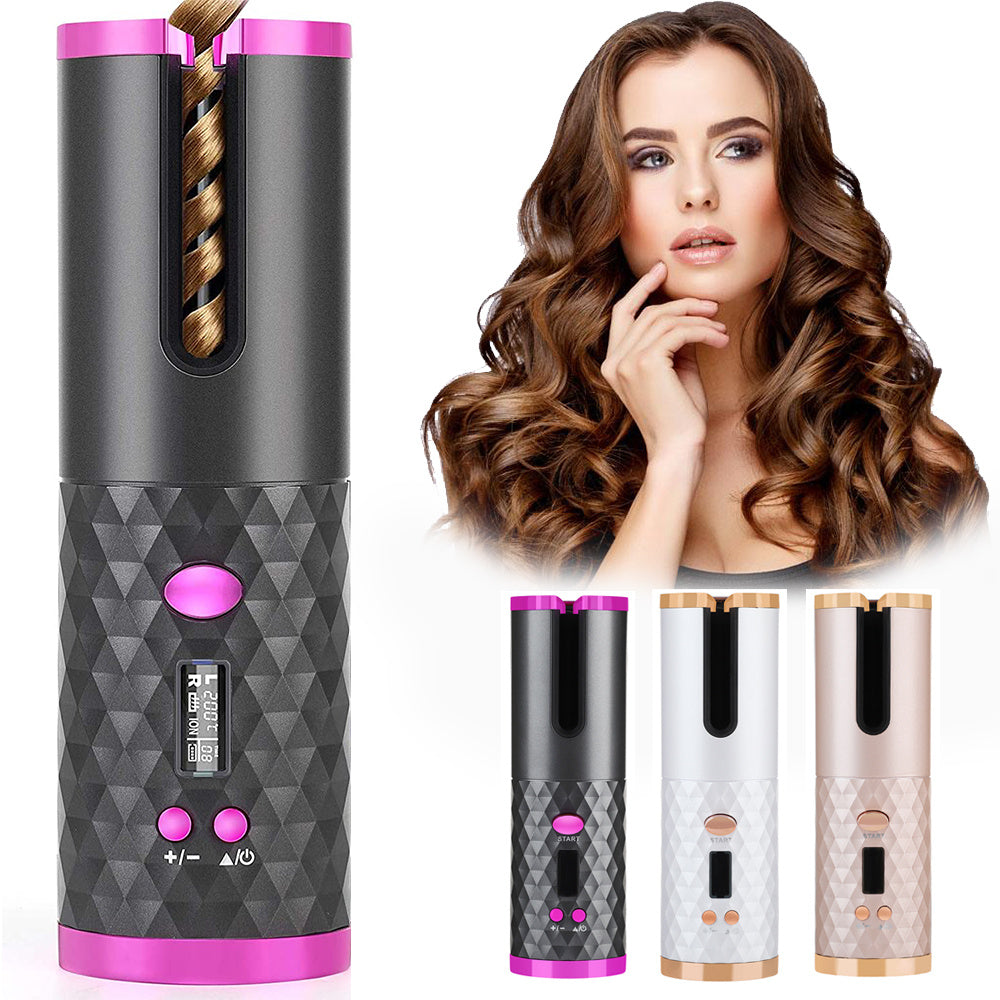 Rechargeable Automatic Hair Curler with LCD Display - Portable Ceramic Curling Iron for Effortless Waves